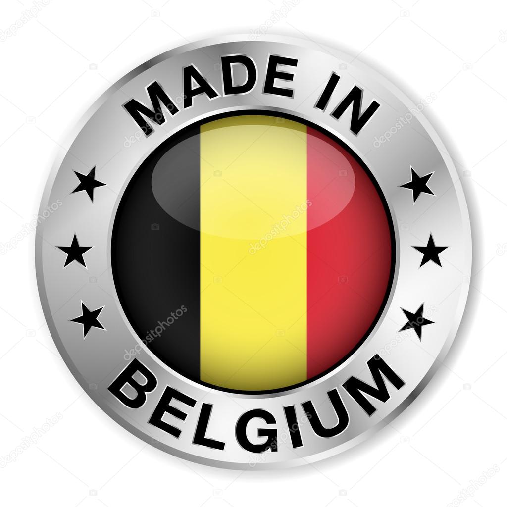 Made in Belgium silver badge and icon with central glossy Belgian flag symbol and stars. Vector EPS10 illustration isolated on white background.