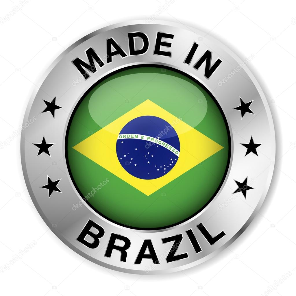 Made in Brazil silver badge and icon with central glossy Brazilian flag symbol and stars. Vector EPS10 illustration isolated on white background.