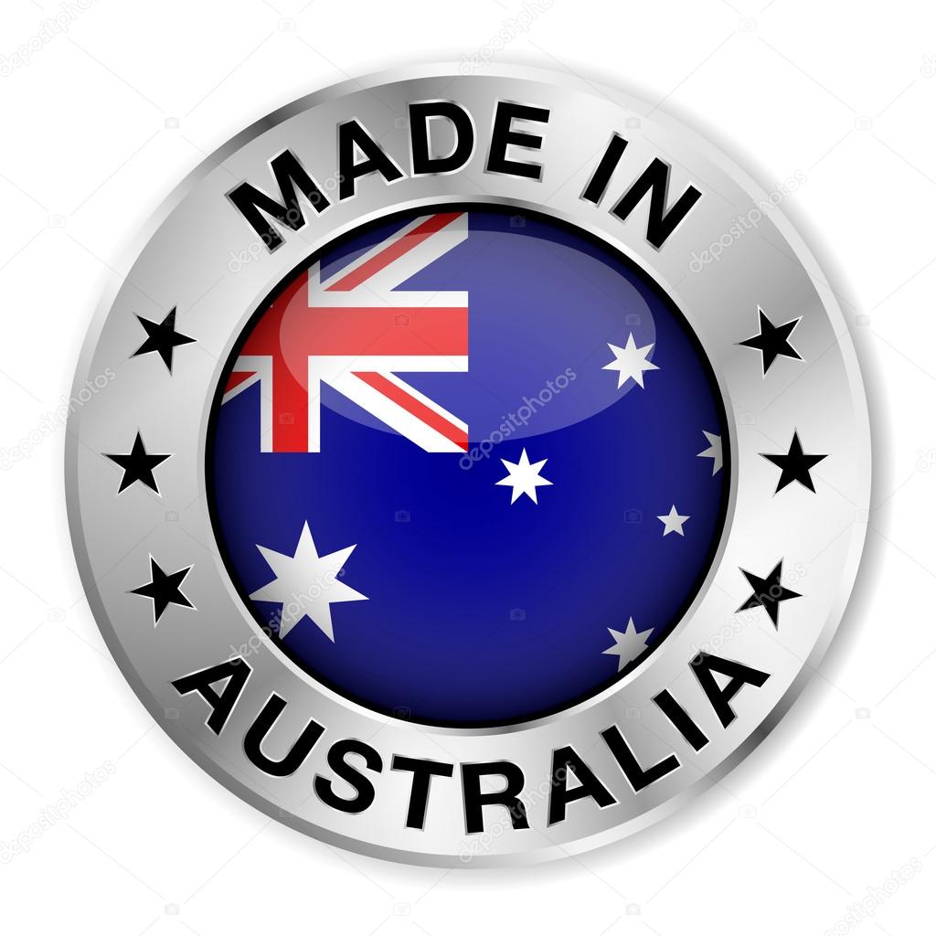 Made in Australia silver badge and icon with central glossy Australian flag symbol and stars. Vector EPS10 illustration isolated on white background.