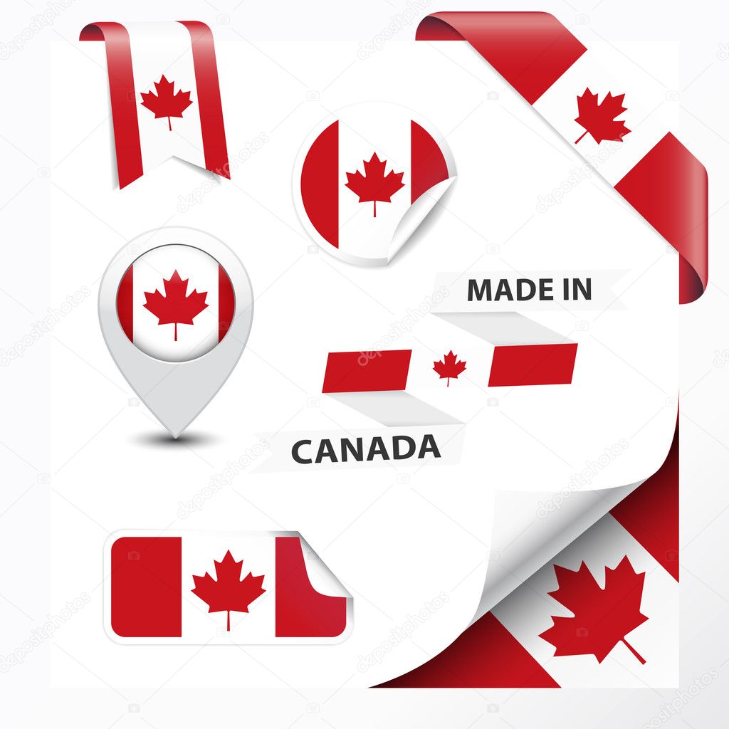 Made in Canada collection of ribbon, label, stickers, pointer, badge, icon and page curl with Canadian flag symbol on design element. Vector EPS10 illustration isolated on white background.