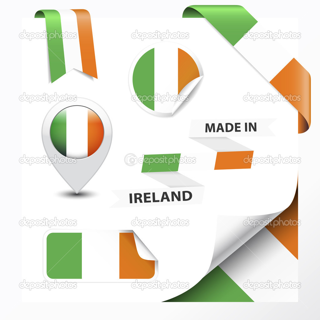 Made in Ireland collection of ribbon, label, stickers, pointer, badge, icon and page curl with Irish flag symbol on design element. Vector EPS10 illustration isolated on white background.