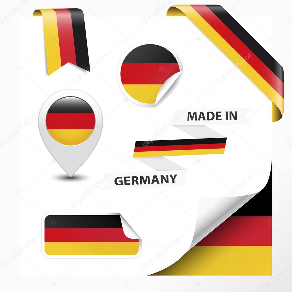 Made in Germany collection of ribbon, label, stickers, pointer, badge, icon and page curl with German flag symbol on design element. Vector EPS10 illustration isolated on white background.