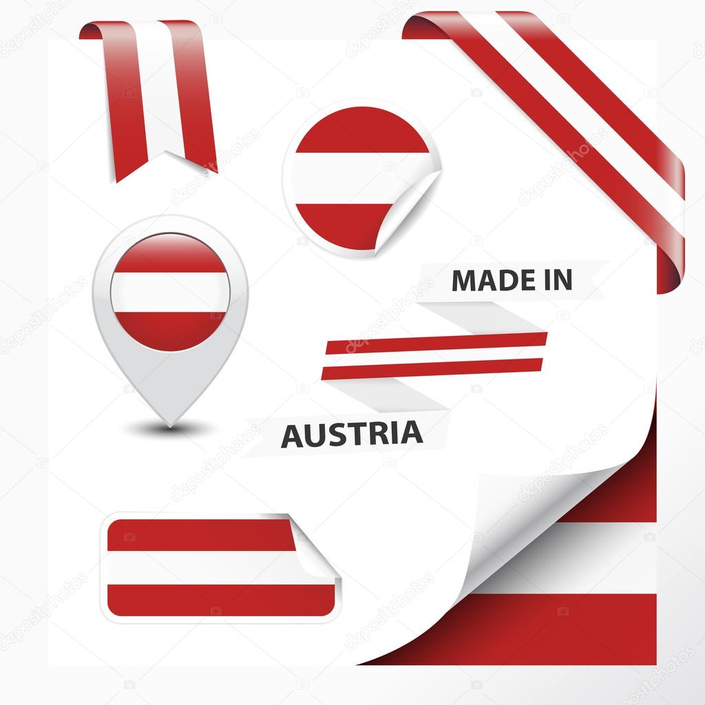Made in Austria collection of ribbon, label, stickers, pointer, badge, icon and page curl with Austrian flag symbol on design element. Vector EPS10 illustration isolated on white background.
