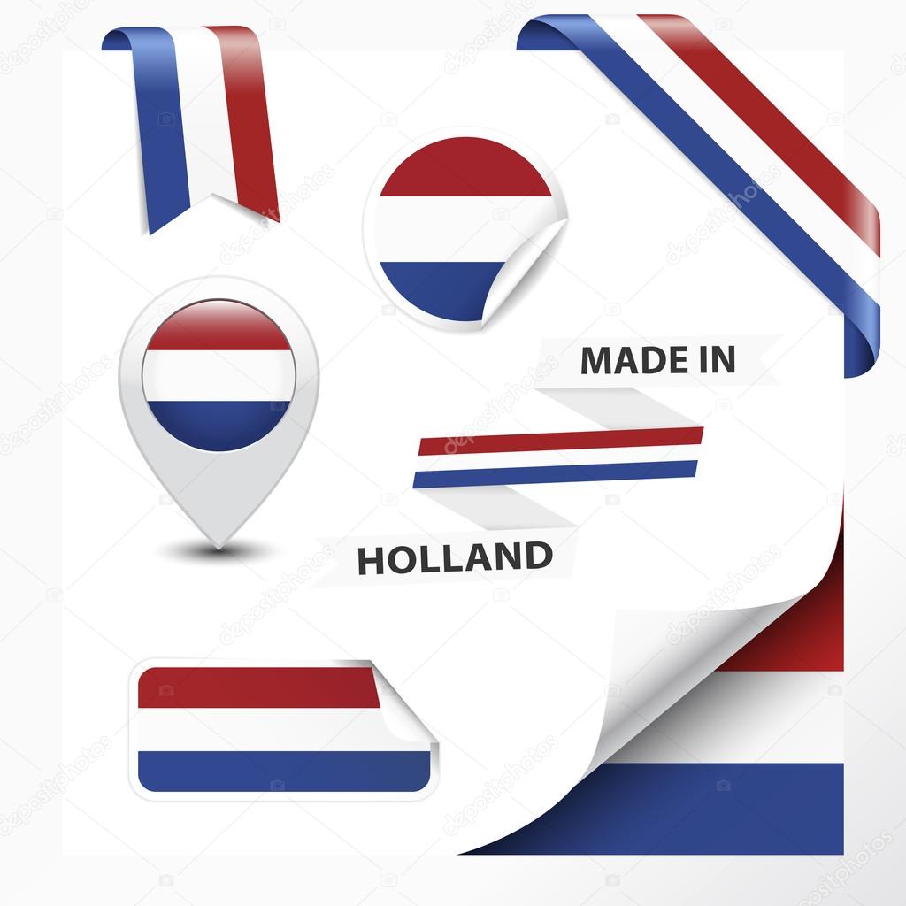 Made in Holland collection of ribbon, label, stickers, pointer, badge, icon and page curl with Netherlands flag symbol on design element. Vector EPS10 illustration isolated on white background.