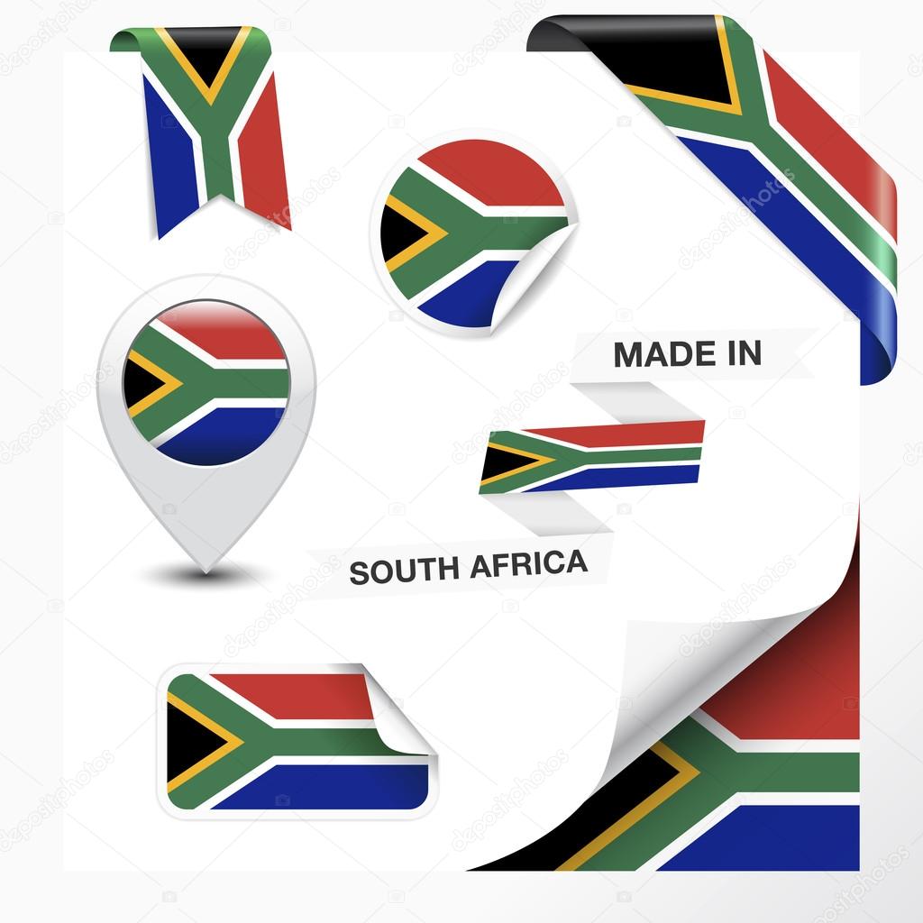 Made in South Africa collection of ribbon, label, stickers, pointer, badge, icon and page curl with South African flag symbol on design element. Vector EPS10 illustration isolated on white background.