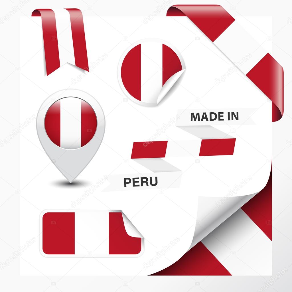 Made in Peru collection of ribbon, label, stickers, pointer, badge, icon and page curl with Peruvian flag symbol on design element. Vector EPS10 illustration isolated on white background.