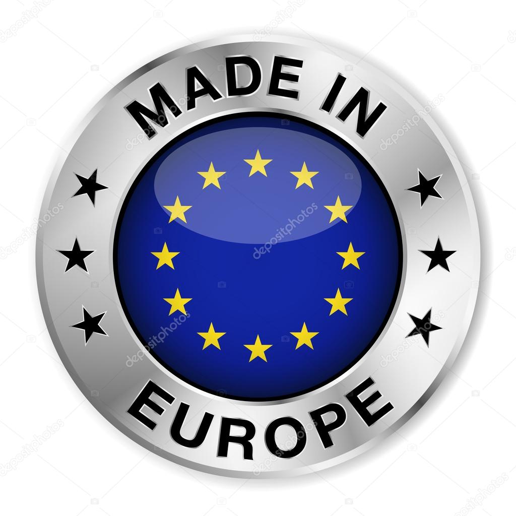 Made in Europe silver badge and icon with central glossy European flag symbol and stars. Vector EPS10 illustration isolated on white background.