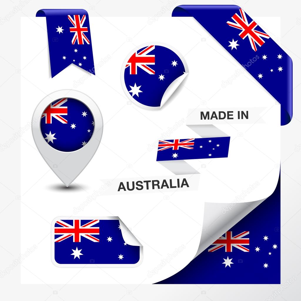 Made in Australia collection of ribbon, label, stickers, pointer, badge, icon and page curl with Australian flag symbol on design element. Vector EPS10 illustration isolated on white background.