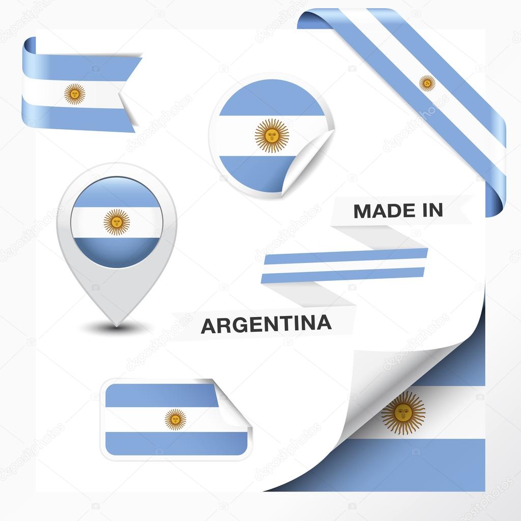 Made in Argentina collection of ribbon, label, stickers, pointer, badge, icon and page curl with Argentinian flag symbol on design element. Vector EPS10 illustration isolated on white background.