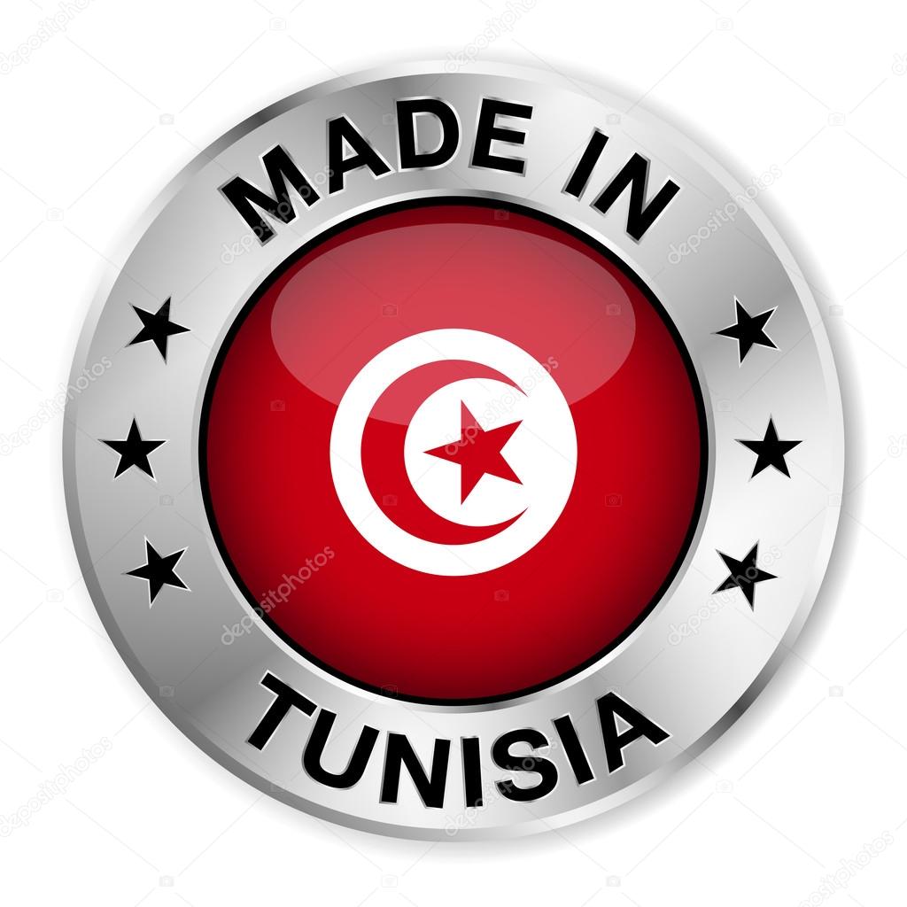 Made in Tunisia silver badge and icon with central glossy Tunisian flag symbol and stars. Vector EPS 10 illustration isolated on white background.