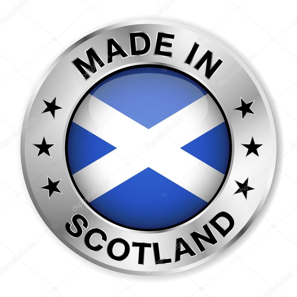Made in Scotland silver badge and icon with central glossy Scottish flag symbol and stars. Vector EPS 10 illustration isolated on white background.