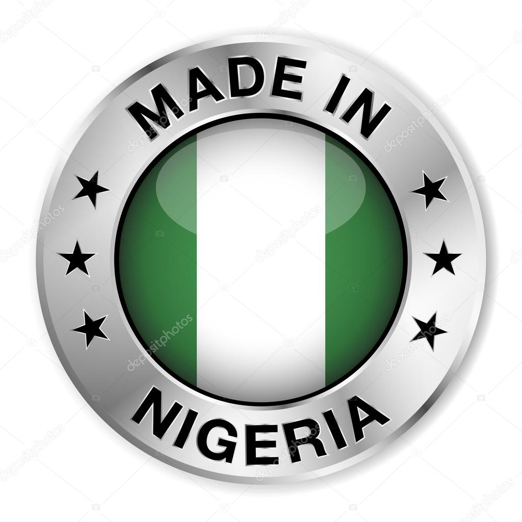 Made in Nigeria silver badge and icon with central glossy Nigerian flag symbol and stars. Vector EPS 10 illustration isolated on white background.