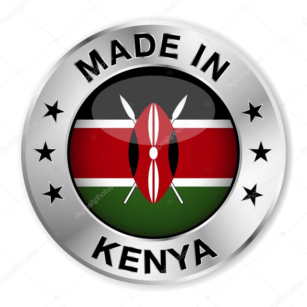 Made in Kenya silver badge and icon with central glossy Kenyan flag symbol and stars. Vector EPS 10 illustration isolated on white background.