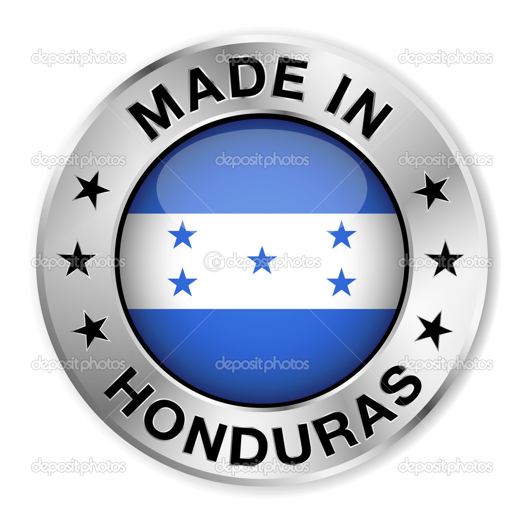 Made in Honduras silver badge and icon with central glossy Honduran flag symbol and stars. Vector EPS 10 illustration isolated on white background.