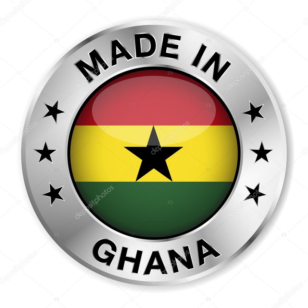 Made in Ghana silver badge and icon with central glossy Ghanaian flag symbol and stars. Vector EPS10 illustration isolated on white background.