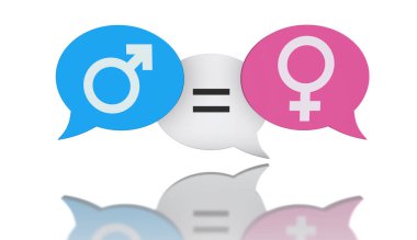 Cinsiyet eşitliği, kadın hakları, cinsiyet ayrımcılığı ve kadın ikonu ile cinsel eşitlik kavramı ve beyaz arka planda izole edilmiş mavi ve pembe konuşma baloncukları üzerindeki işaret sembollerine eşit..