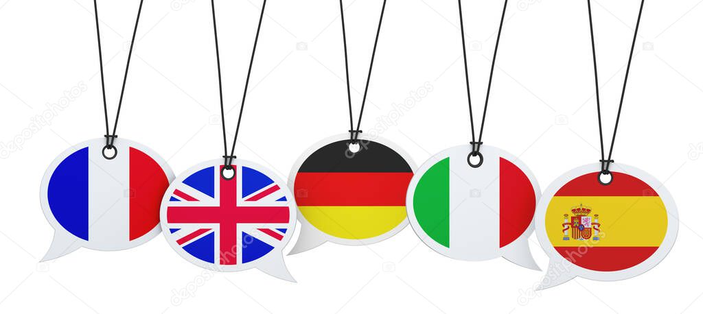 Multilingual customer service support and international call center assistance in multi languages concept with French, English, German, Italian and Spanish flags icons on hanged speech bubbles 3D illustration banner concept isolated on white backgrou