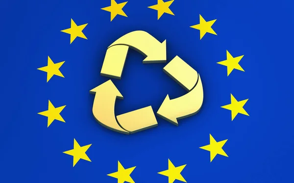 Ícone Reciclagem Bandeira União Europeia Segundo Plano Conceito Economia Circular — Fotografia de Stock