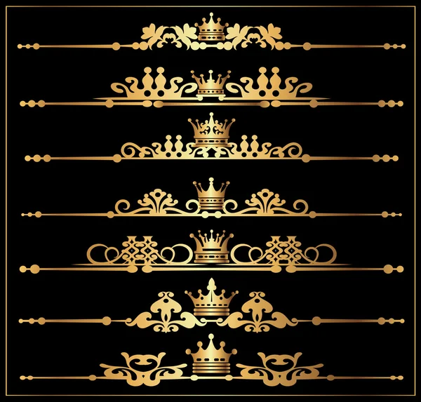 Conjunto de vetores. Pergaminhos vitorianos e coroa. Elementos decorativos ouro . — Vetor de Stock