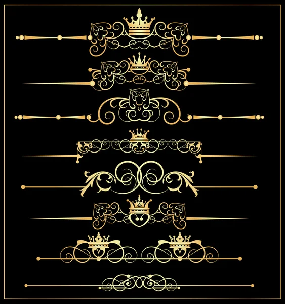Conjunto de vectores. Pergaminos Victorianos y corona. Elementos decorativos oro . — Archivo Imágenes Vectoriales