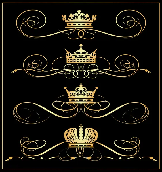 Conjunto de vectores. Pergaminos Victorianos y corona. Elementos decorativos oro . — Vector de stock