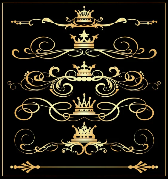 Vector set. Victoriaanse rollen en kroon. Gouden decoratieve elementen. — Stockvector