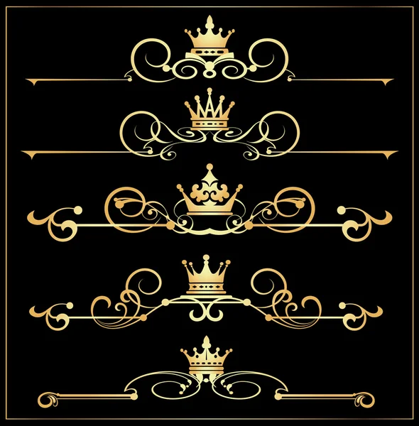 Conjunto de vectores. Pergaminos Victorianos y corona. Elementos decorativos oro . — Vector de stock