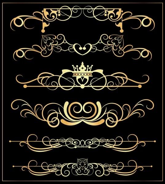 Conjunto de vectores. Pergaminos Victorianos y corona. Elementos decorativos oro . — Archivo Imágenes Vectoriales