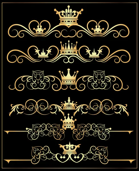 Conjunto de vectores. Pergaminos Victorianos y corona. Elementos decorativos oro . — Vector de stock