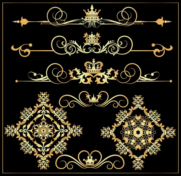 Conjunto de vectores. Pergaminos Victorianos y corona. Elementos decorativos oro . — Archivo Imágenes Vectoriales