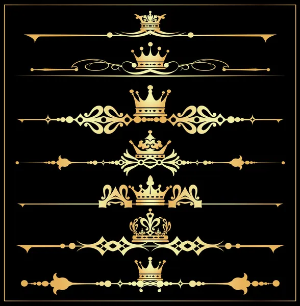 Conjunto de vetores. Pergaminhos vitorianos e coroa. Elementos decorativos ouro . — Vetor de Stock