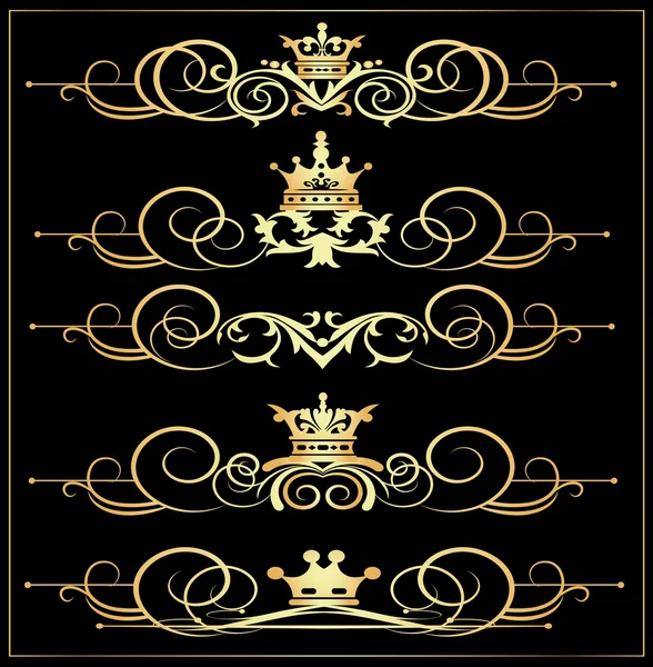 Conjunto de vectores. Pergaminos Victorianos y corona. Elementos decorativos oro . — Vector de stock