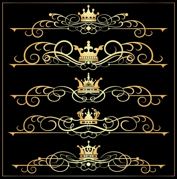 Conjunto de vectores. Pergaminos Victorianos y corona. Elementos decorativos oro . — Vector de stock