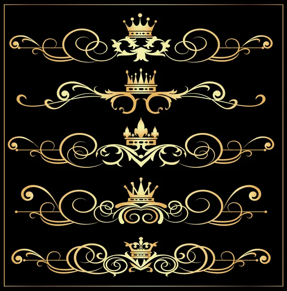 Vector set. Victoriaanse rollen en kroon. Gouden decoratieve elementen. — Stockvector