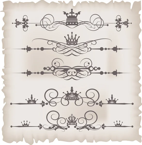 Conjunto de vectores. Pergaminos Victorianos y corona para tu diseño. Divisores decorativos . — Vector de stock