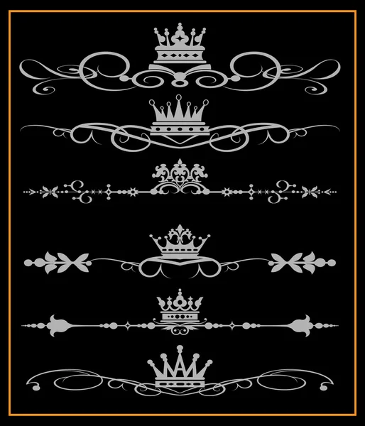 Pergaminhos vitorianos e coroa. Elementos decorativos sobre um fundo preto — Vetor de Stock