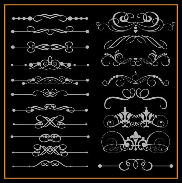 Pergaminos Victorianos y corona. Elementos decorativos sobre fondo negro — Vector de stock