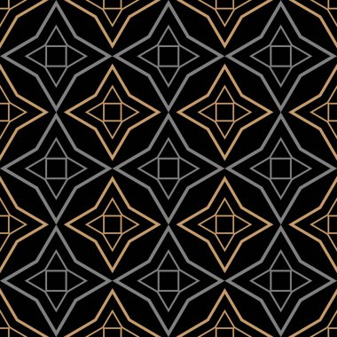 Siyah arkaplanda arka plan desenli geometrik süsleme. Duvar kağıdı ve dokular için kusursuz bir arkaplan. Vektör illüstrasyonu.