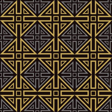 Siyah arkaplanda geometrik süsleme olan soyut arkaplan deseni. Duvar kağıdı ve dokular için kusursuz bir arkaplan. Vektör