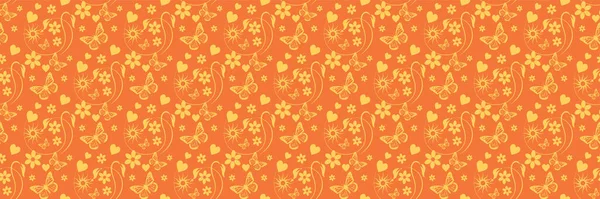Tasarımınız için turuncu arka planda kelebekler ve çiçekler olan parlak arkaplan resmi. Duvar kağıdı ve dokular için kusursuz bir arkaplan. Vektör illüstrasyonu.