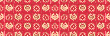 Meksika tarzında dekoratif unsurları olan arka plan deseni tasarımın için kırmızı arka planda. Duvar kağıdı ve dokular için kusursuz bir arkaplan. Vektör illüstrasyonu.