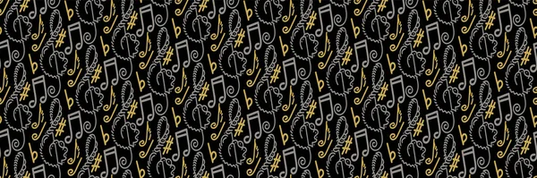 あなたのデザインプロジェクト シームレスなパターン フラットデザインの壁紙テクスチャの黒の背景に音楽ノートの抽象的な装飾を持つ背景画像 ベクターイラスト — ストックベクタ