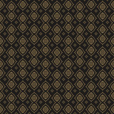 Siyah arka planda geometrik süslemeleri olan modern, pürüzsüz desen. Kumaş doku örneği, dikişsiz duvar kağıdı. Vektör illüstrasyonu