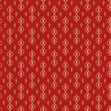 Kırmızı arka planda dekoratif elementlerle süslü bir arka plan deseni. Kumaş doku örneği, dikişsiz duvar kağıdı. Vektör illüstrasyonu