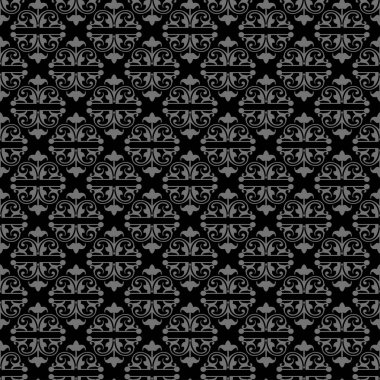 Siyah arka planda dekoratif çiçek süslemeleri olan arkaplan desenleri. Kumaş doku örneği, dikişsiz duvar kağıdı. Vektör illüstrasyonu