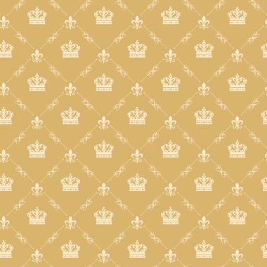 Altın arkaplanda dekoratif unsurlar olan kraliyet arkaplan deseni. Kumaş doku örneği, dikişsiz duvar kağıdı. Vektör illüstrasyonu