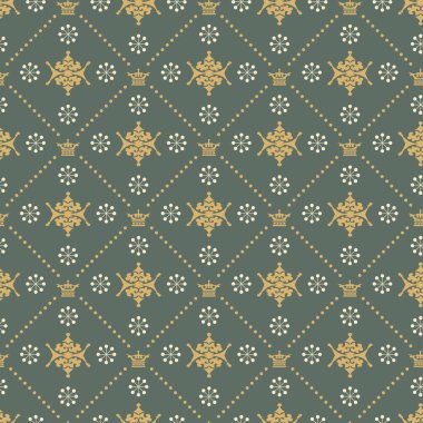 Yeşil arka planda dekoratif unsurları olan soyut, pürüzsüz desen. Vektör grafikleri