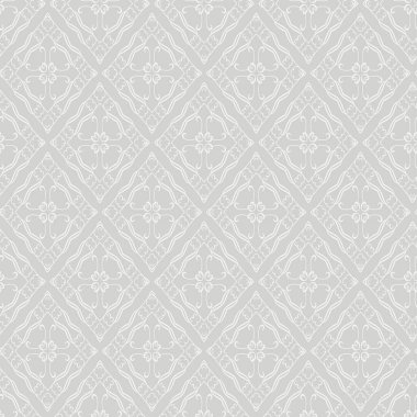 Gri bir arka planda dekoratif süslemeleri olan arkaplan deseni. Kumaş doku örneği, dikişsiz duvar kağıdı. Vektör illüstrasyonu