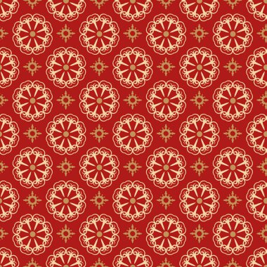 Kırmızı arka planda dekoratif unsurlarla soyut arkaplan deseni. Kusursuz kumaş dokusu, duvar kağıdı. Düz dizayn. Vektör illüstrasyonu