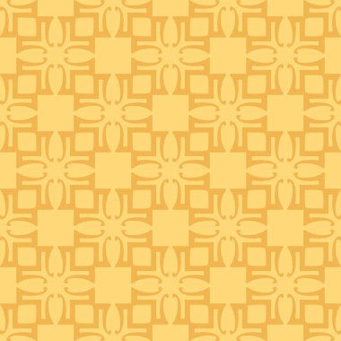 Sarı arka planda dekoratif süslemeleri olan güzel bir arkaplan deseni. Kumaş doku örneği, dikişsiz duvar kağıdı. Vektör illüstrasyonu